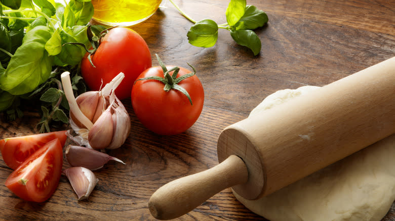 Pizza ingredients on a table