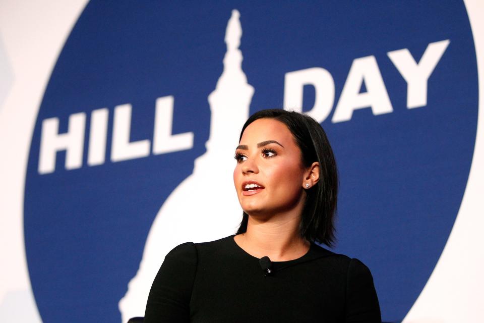 WASHINGTON, DC - OCTOBER 05:  Demi Lovato speaks with Linda Rosenberg, President and CEO of National Council for Behavioral Health, about the importance of advocating for mental health during National Council's Hill Day at the Hyatt Regency on October 5, 2015 in Washington, DC.  Lovato's participation is part of the Be Vocal: Speak Up for Mental Health initiative.  (Photo by Paul Morigi/Getty Images for Be Vocal)