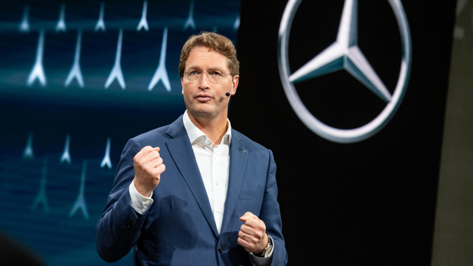 Ola Källenius speaks at the opening of a new Mercedes assembly line in 2020.