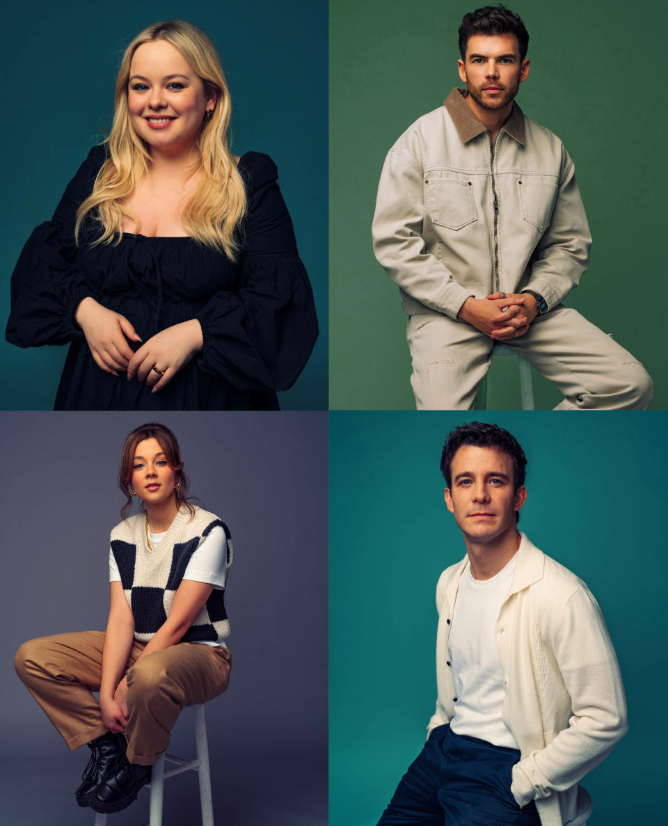 Nicola Coughlan, Luke Newton, Claudia Jessie, and Luke Thompson posing together in stylish casual outfits