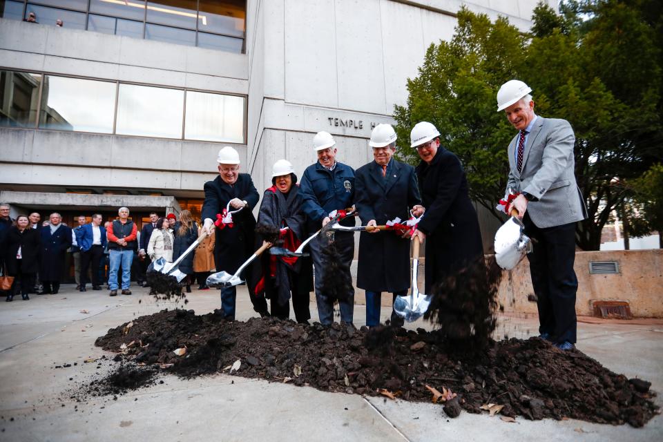 Retired U.S. Senator Roy Blunt (center), Gov. Mike Parson (third from left), MSU President Clif Smart (left) and others break ground for the expansion to Roy Blunt Hall, formerly known as Temple Hall, on Friday, Dec. 16, 2022.