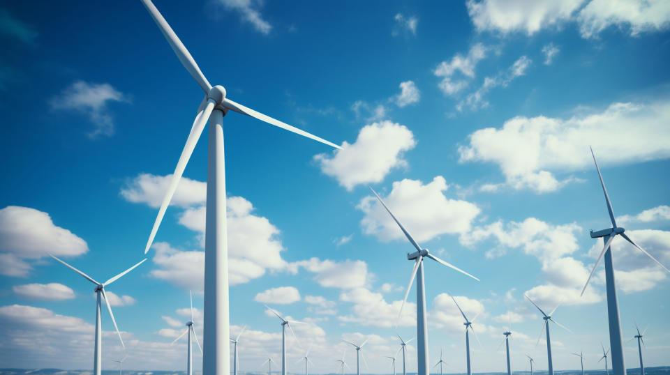 A close-up of renewable energy turbines capturing the power of a windy sky.