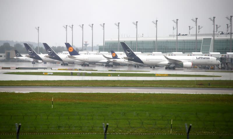 Airplanes of German carrier Lufthansa stand on the tarmac at Munich International Airport