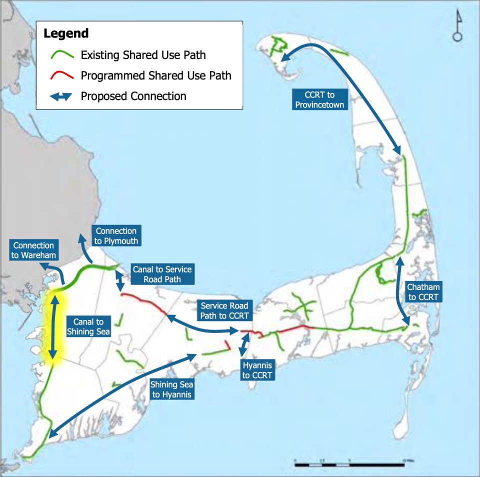 The proposed Bourne Rail Trail path, highlighted in yellow, is slated to connect the Cape Cod Canal bike path to the Shining Sea Bikeway in Falmouth.