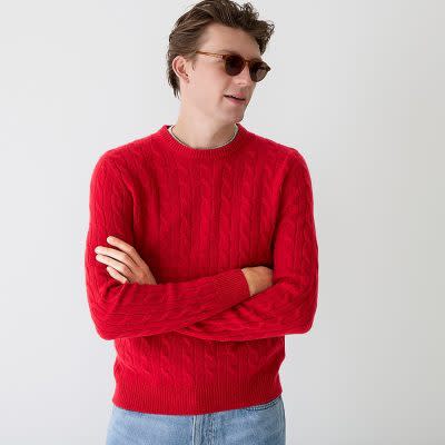 red cashmere cable knit men's crew neck sweater