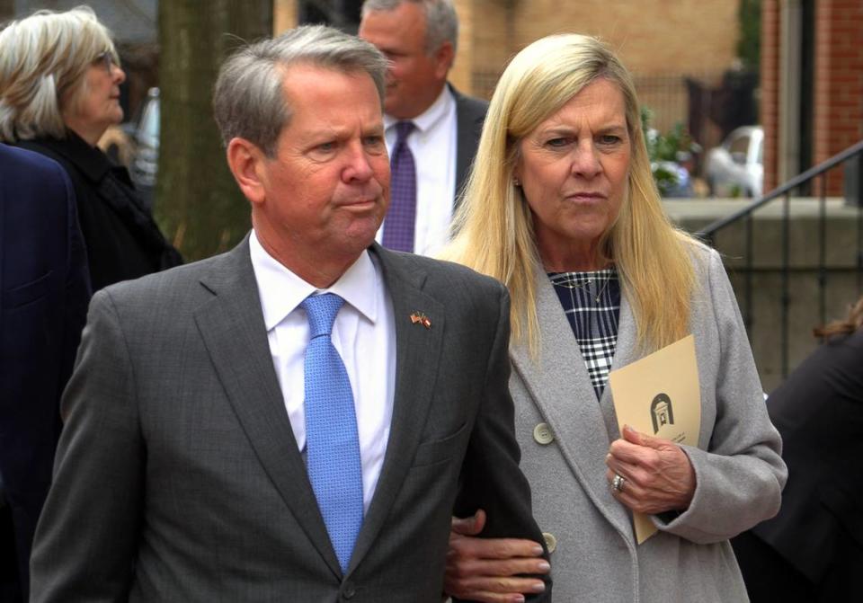 Georgia Gov. Brian Kemp and First Lady of Georgia Marty Kemp arrive Monday morning at First Baptist Church in downtown Columbus, Georgia for the memorial service for Georgia Rep. Richard Smith. 02/05/2024