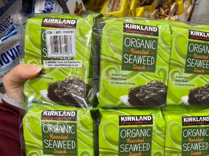 A large pack of Kirkland's organic roasted seaweed snack.