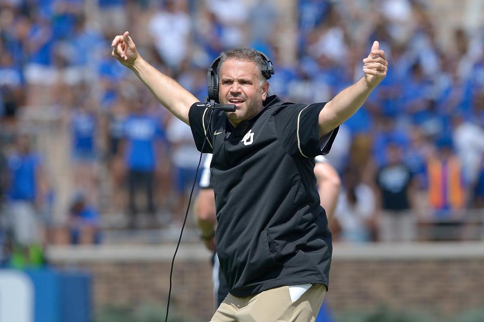 DURHAM, NC – SEPTEMBER 16: Head coach Matt Rhule of the Baylor Bears reacts during the game against the Duke Blue Devils at Wallace Wade Stadium on September 16, 2017 in Durham, North Carolina. (Photo by Grant Halverson/Getty Images)