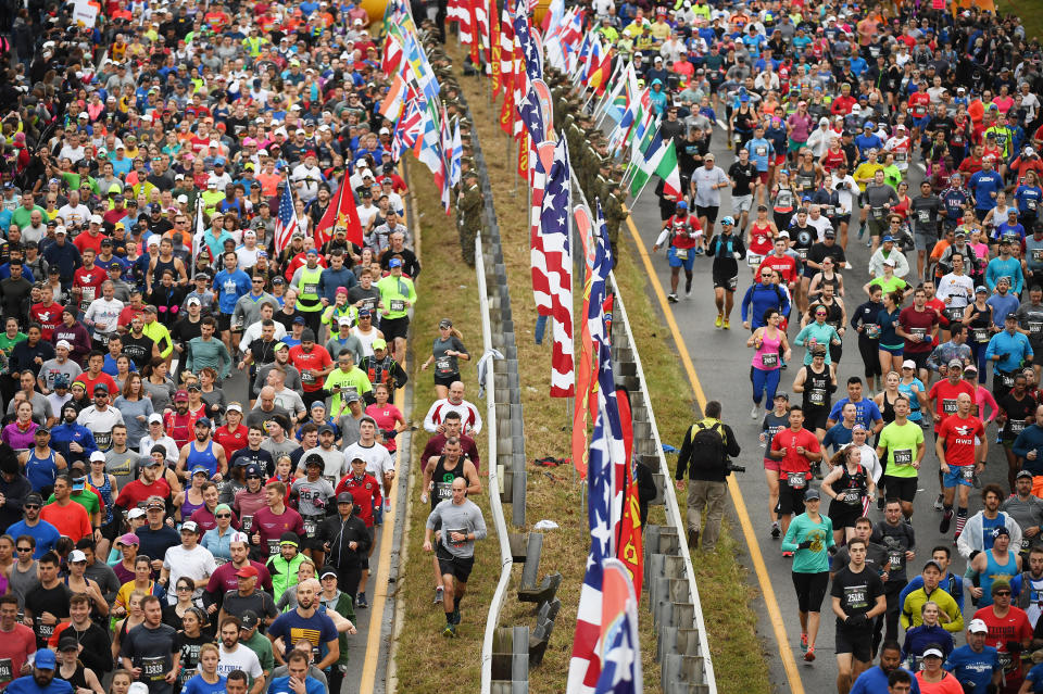 Runners are seen at the start of the annual Marine Corps Marathon on Oct. 28, 2018 in Arlington, Virginia. (Matt McClain/The Washington Post via Getty Images)