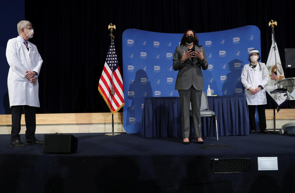 Vice President Kamala Harris joins Collins at the NIH to get her second dose of the Moderna vaccine in January<span class="copyright">Leah Millis—Reuters</span>