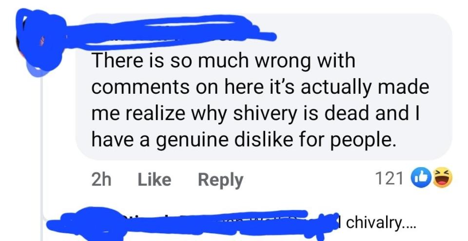 Facebook comment reading, "There is so much wrong with comments on here it’s actually made me realize why shivery is dead and I have a genuine dislike for people."