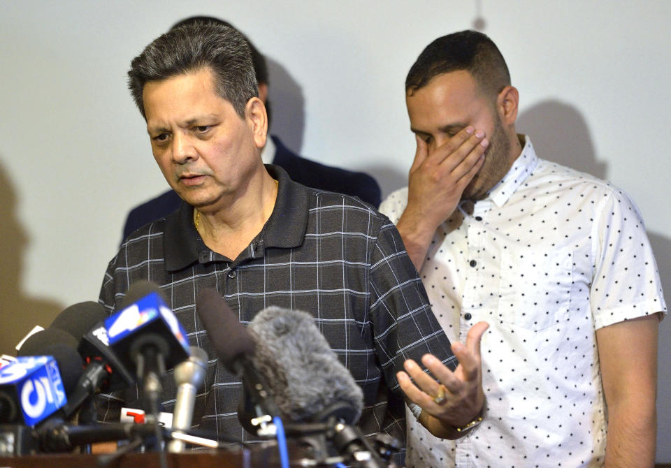 FILE – In this Aug. 26,2019 file photo, Russell French discusses the shooting death of his son, Kenneth French, by an off-duty Los Angeles police officer, during a news conference in Corona, Calif. A mistrial has been declared Thursday, Jan. 18, 2024, in the voluntary manslaughter case against an off-duty Los Angeles police officer who fatally shot a mentally ill man who attacked him in a Costco store in 2019. (Jeff Gritchen/The Orange County Register via AP, File)