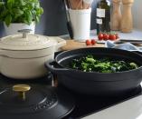 <p> ‘Cast iron pans can’t go in the dishwasher or be soaked for a long time’ explains chef and nutrition coach, Lisa Marley. Cast Iron skillets require a lot of care and attention to develop a non-stick patina, and harsh dishwasher detergents and strong water jets can quickly undo your hard work seasoning a cast iron pan and leave the pan vulnerable to rust. </p> <p> ‘Always allow the pan to cool before trying to clean it. You can use a very small amount of washing up liquid, warm water, and a non-abrasive sponge,’ Lisa adds. ‘If food is really stuck then place the pan on the hob and add just under a cup of water, bring to a boil and it should start to loosen.’ </p>