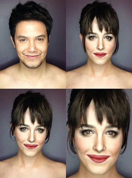 Makeup artist Paolo Ballesteros transforms himself into Dakota Johnson.