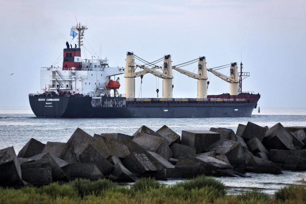 The Brave Commander bulk carrier makes its way from the Pivdennyi Seaport near Odesa, Ukraine, Tuesday, Aug. 16, 2022. According to Ukraine's Ministry of Infrastructure, the ship under Lebanon' flag is carrying 23 thousands tons of Ukrainian wheat. (AP Photo/Nina Lyashonok)