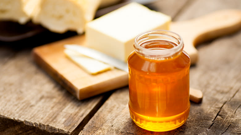 honey jar and slab of butter