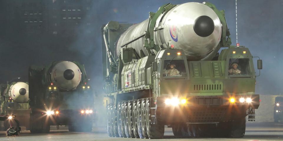 A front view of a vehicle parading what North Korea says is the Hwasong-17, a massive nuclear ICBM, on April 25, 2022. Image provided by state media.