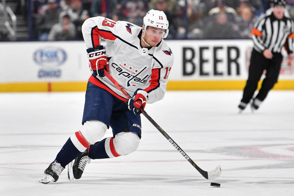 COLUMBUS, OH - DECEMBER 16:  Jakub Vrana #13 of the Washington Capitals skates against the Columbus Blue Jackets on December 16, 2019 at Nationwide Arena in Columbus, Ohio.  (Photo by Jamie Sabau/NHLI via Getty Images)