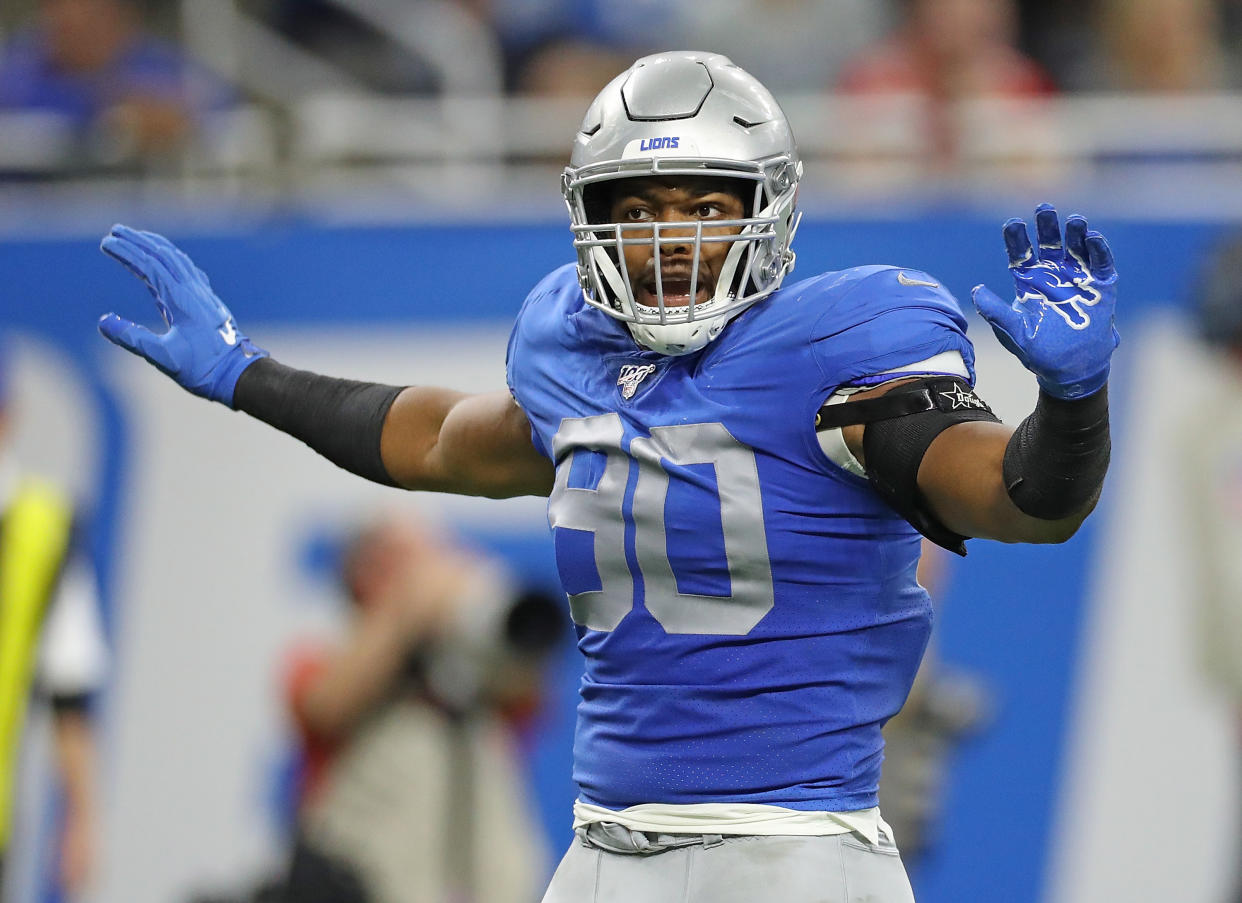 DETROIT, MI - SEPTEMBER 29: Trey Flowers #90 of the Detroit Lions reacts to a third down stop during the game against the Kansas City Chiefs at Ford Field on September 29, 2019 in Detroit, Michigan. Kansas City defeated Detroit 34-30. (Photo by Leon Halip/Getty Images)