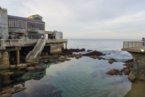 Water laps at the base of the stairs to an observation deck at the Monterey Bay Aquarium on Jan. 2, 2014, during a seasonal "king tide."