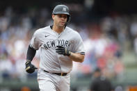 New York Yankees' Gary Sanchez (24) rounds the bases after hitting a home run during the second inning of a baseball game against the Philadelphia Phillies, Saturday, June 12, 2021, in Philadelphia. (AP Photo/Laurence Kesterson)