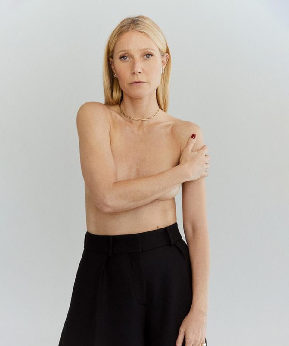 In 2021, Paltrow modelled G.Label's Deven Link Necklace wearing only the necklace and a skirt, with her right arm covering her breasts. Photo: Goop.com