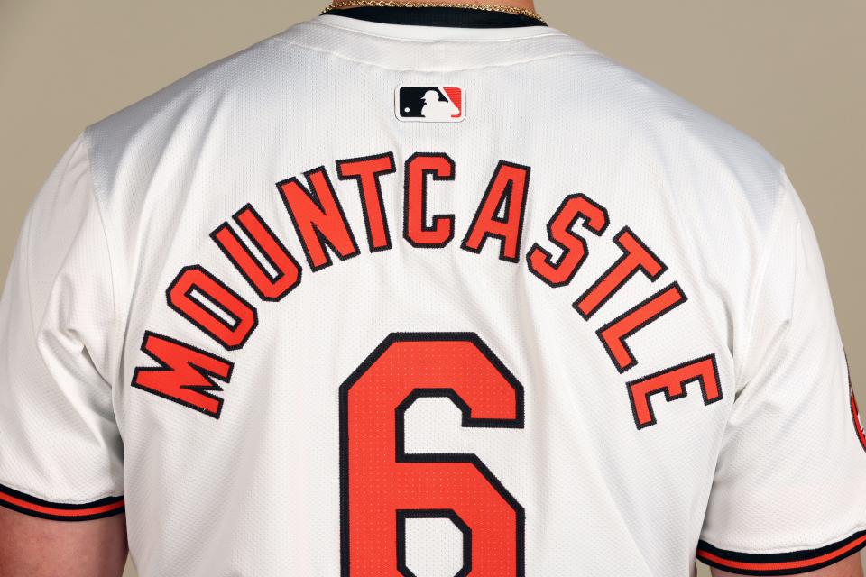 Orioles first baseman Ryan Mountcastle has his surname spread around his back.