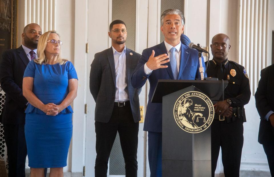 San Joaquin County District Attorney Tori Verber Salazar, Stockton Mayor Kevin Lincoln and Stockton Police Chief Stanley McFadden were among the local officials on hand as California Attorney General Rob Bonta speaks at a press conference after a hate crimes roundtable discussion with community leaders at the Memorial Civic Auditorium in downtown Stockton on Tuesday.