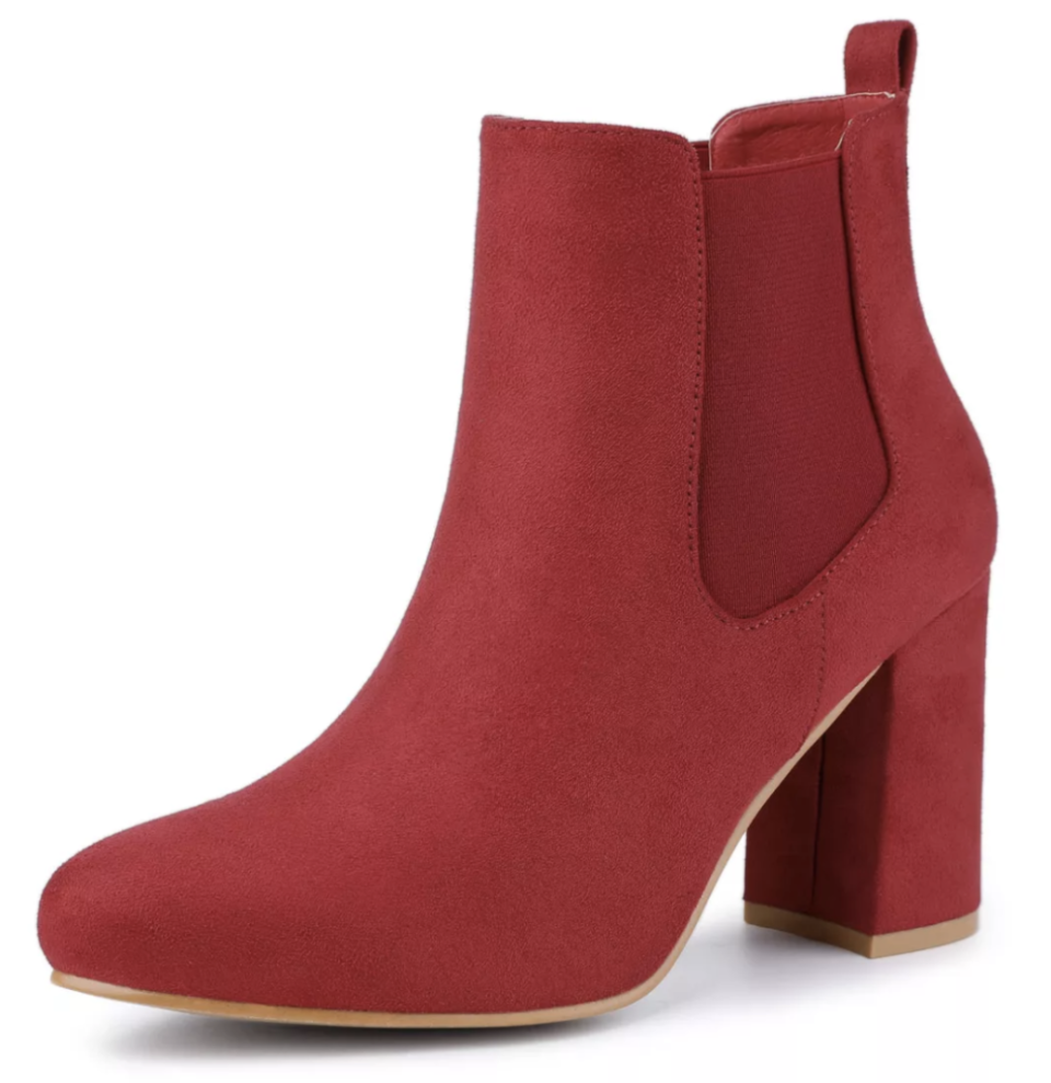 Allegra K, boots, ankle boots, red boots, heeled boots, suede boots, round-toe boots