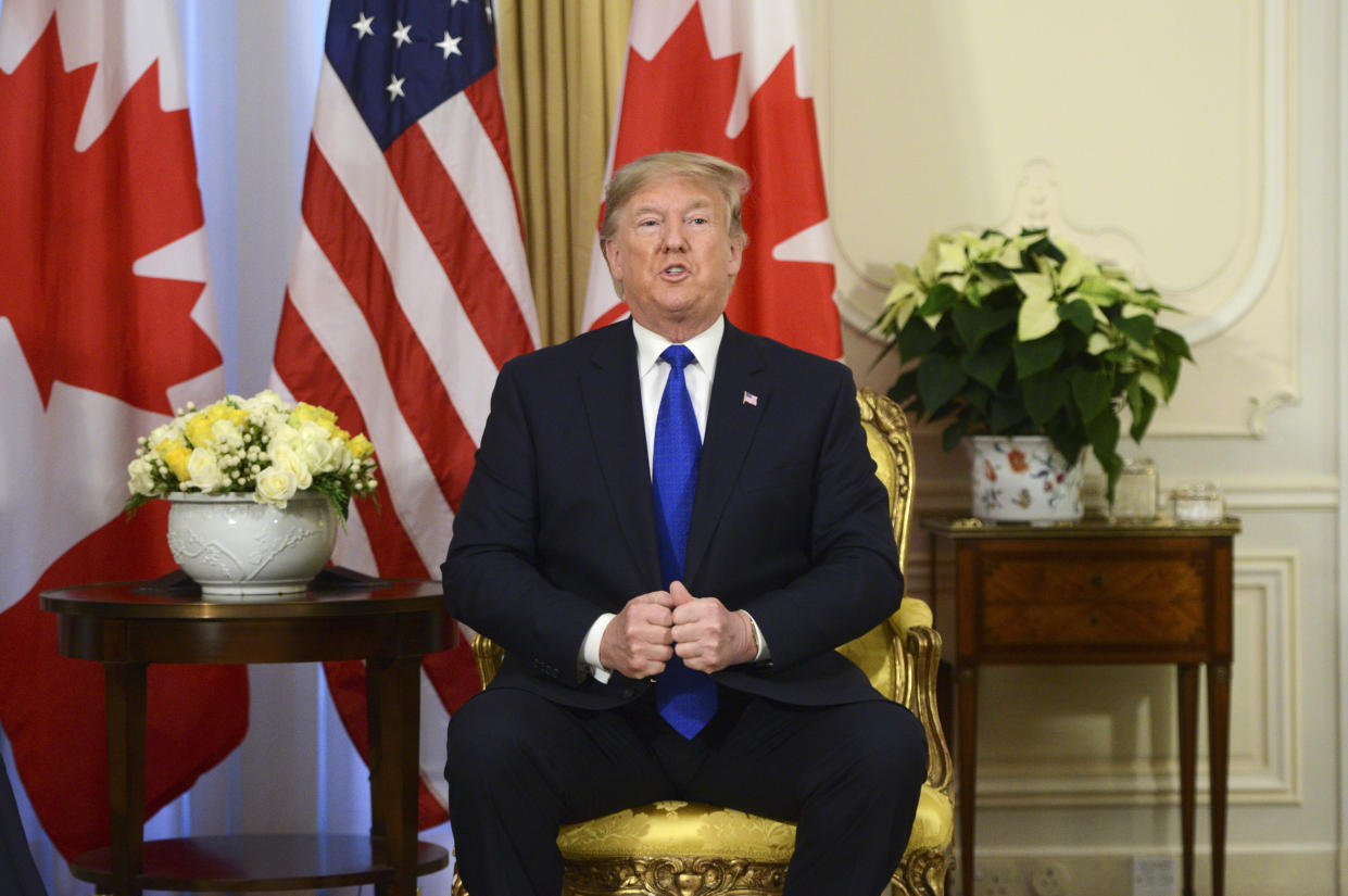 Prime Minister Justin Trudeau, not shown, meets U.S. President Donald Trump at Winfield House in London on Tuesday, Dec. 3, 2019. (Sean Kilpatrick/The Canadian Press via AP)