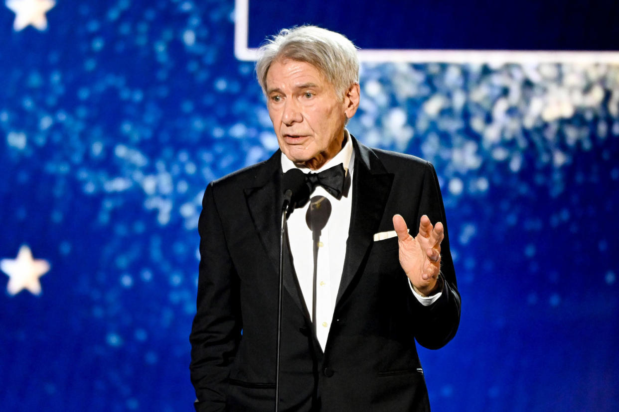 Harrison Ford accepts the Career Achievement Award at The 29th Critics' Choice Awards held at The Barker Hangar on January 14, 2024 in Santa Monica, California.  (Michael Buckner / Variety via Getty Images)