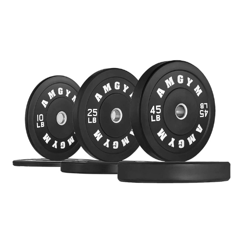 AMGYM bumper plates against white background