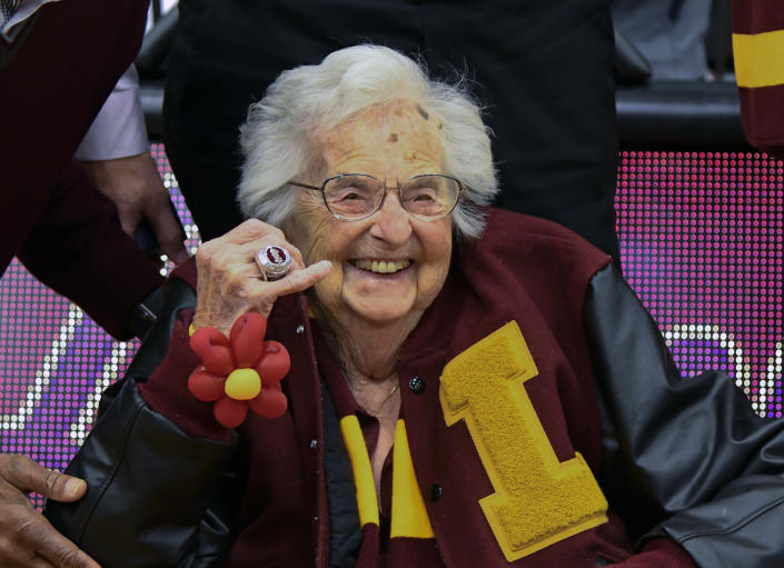 Loyola University of Chicago’s Sister Jean shows off the NCAA Final Four ring she received before a game between Loyola of Chicago and Nevada, in Chicago on Nov. 27, 2018. (Photo: Matt Marton/AP)
