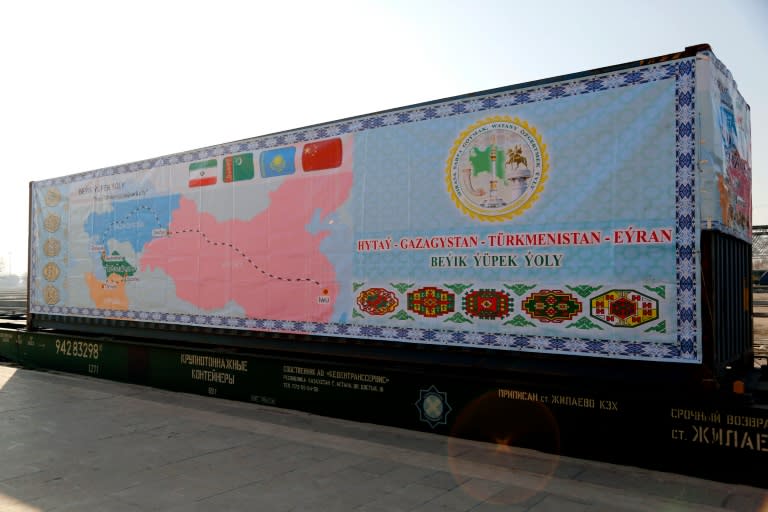 A container on the first train connecting China and Iran pictured upon its arrival at Tehran Railway Station on February 15, 2016