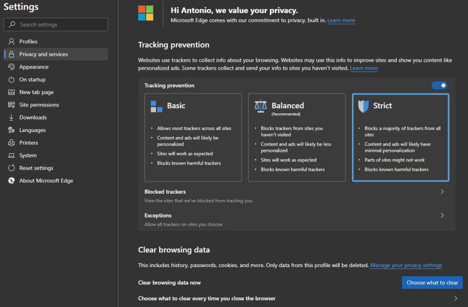 new edge privacy settings