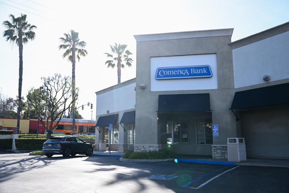 Signage is displayed outside of a Comerica Bank branch in Torrance, California, on March 13, 2023. (Photo by Patrick T. Fallon / AFP) (Photo by PATRICK T. FALLON/AFP via Getty Images)