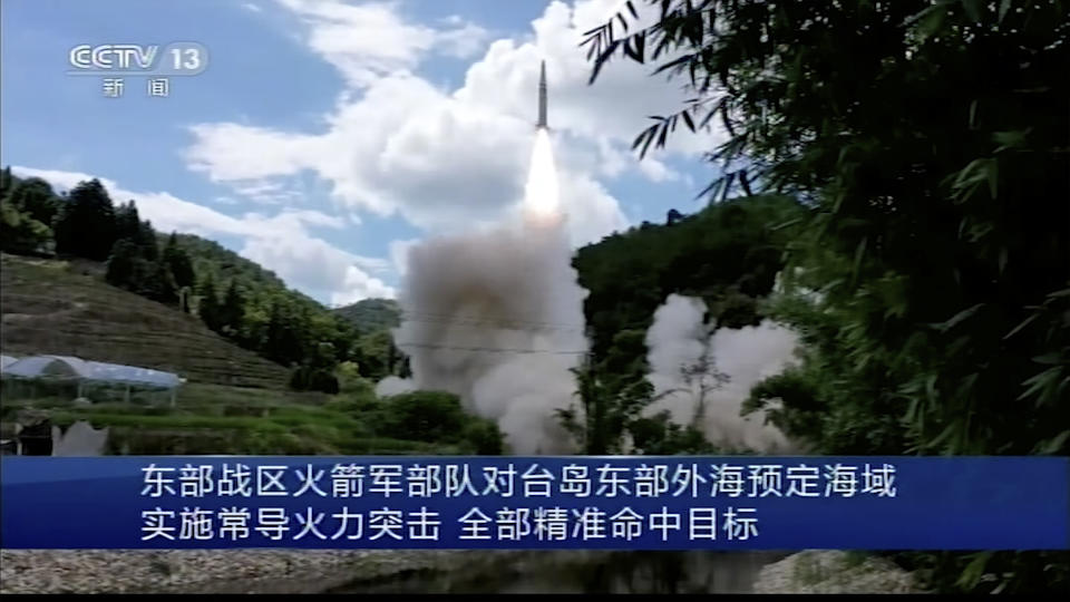 In this image taken from video footage run by China's CCTV, a projectile is launched from an unspecified location in China, Thursday, Aug. 4, 2022. China says it conducted "precision missile strikes" in the Taiwan Strait on Thursday as part of military exercises that have raised tensions in the region to their highest level in decades. (CCTV via AP)