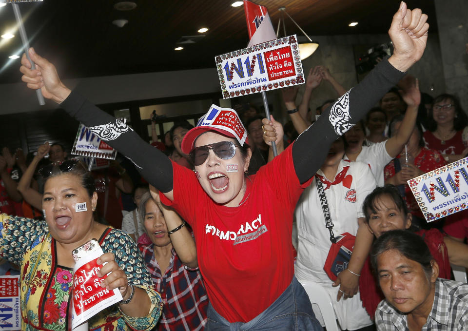 Supporters of Pheu Thai party cheer while watching television election results at party headquarters in Bangkok, Thailand, Sunday, March 24, 2019. Voting stations are closed and meaningful results are expected within hours, although many commentators suggest the formation of a new government could take weeks of haggling. (AP Photo/Sakchai Lalit)