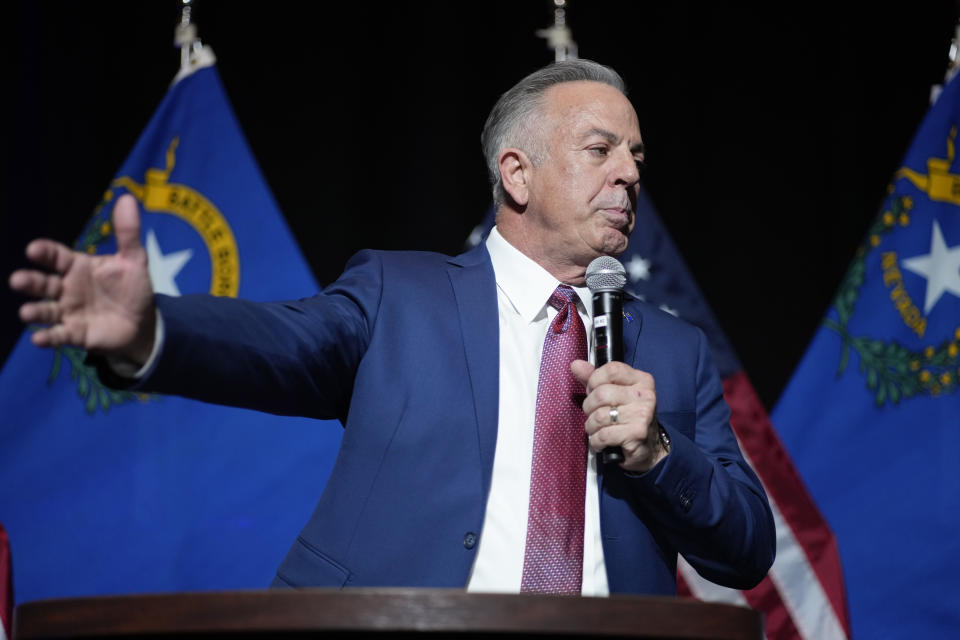 Clark County Sheriff Joe Lombardo, Republican candidate for governor of Nevada, speaks to supporters during an election night campaign event Tuesday, Nov. 8, 2022, in Las Vegas. (AP Photo/John Locher)