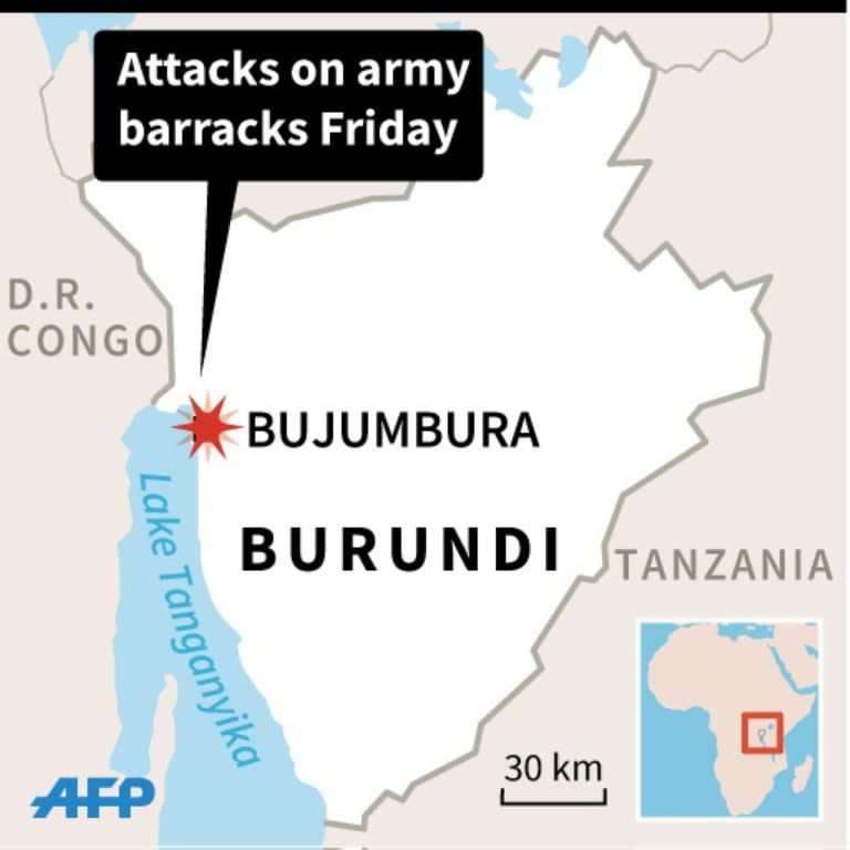 Map of Burundi locating the capital Bujumbura, where dozens of people were killed in assaults on two army barracks Friday. 45 x 45 mm