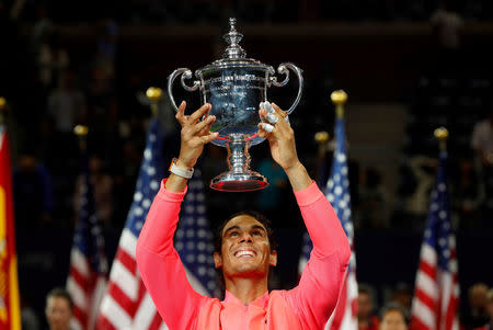Tennis - US Open - Mens Final - New York, U.S. - September 10, 2017 - Rafael Nadal of Spain holds the trophy after defeating Kevin Anderson of South Africa. REUTERS/Mike Segar