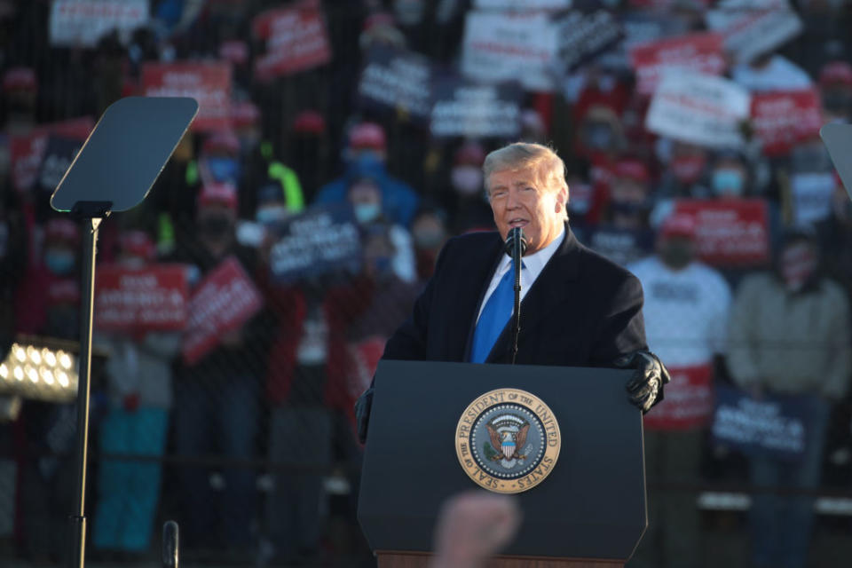 President Donald Trump speaks during a campaign rally at the LaCrosse Fairgrounds Speedway in Wisconsin. 