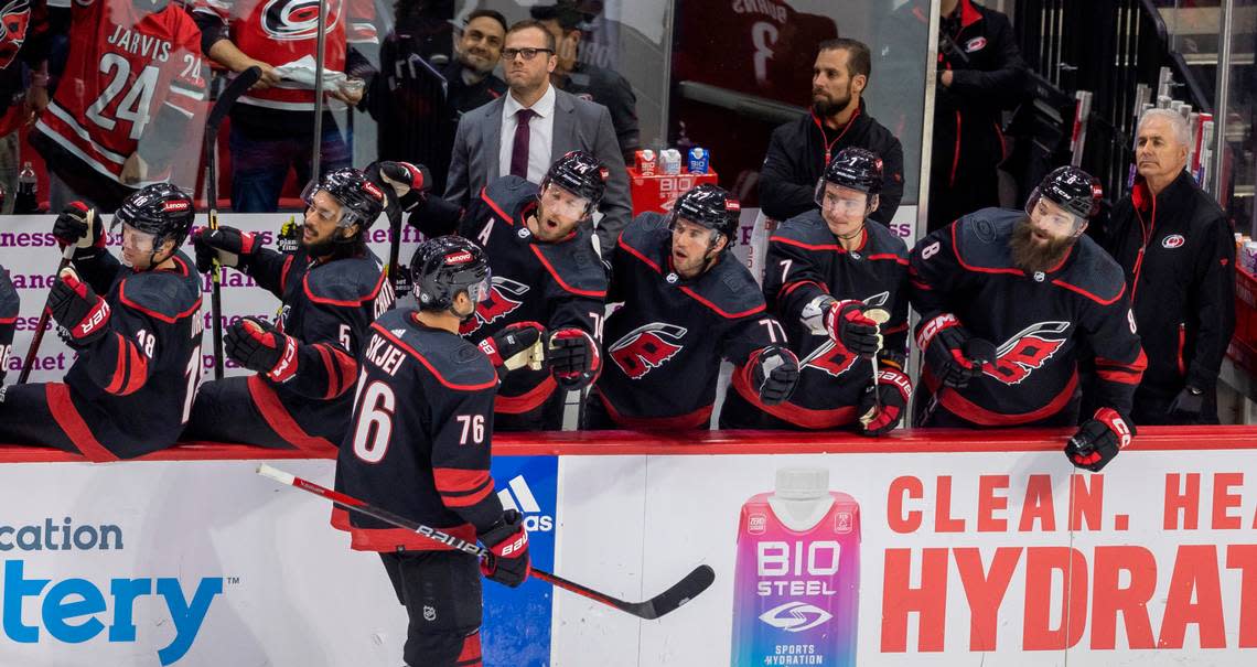 The Carolina Hurricanes Brady Skjei (76) skates to the bench after scoring the game winning goal in the third period against Ottawa on Wednesday, October 11, 2023 at PNC Arena, in Raleigh N.C. Robert Willett/rwillett@newsobserver.com