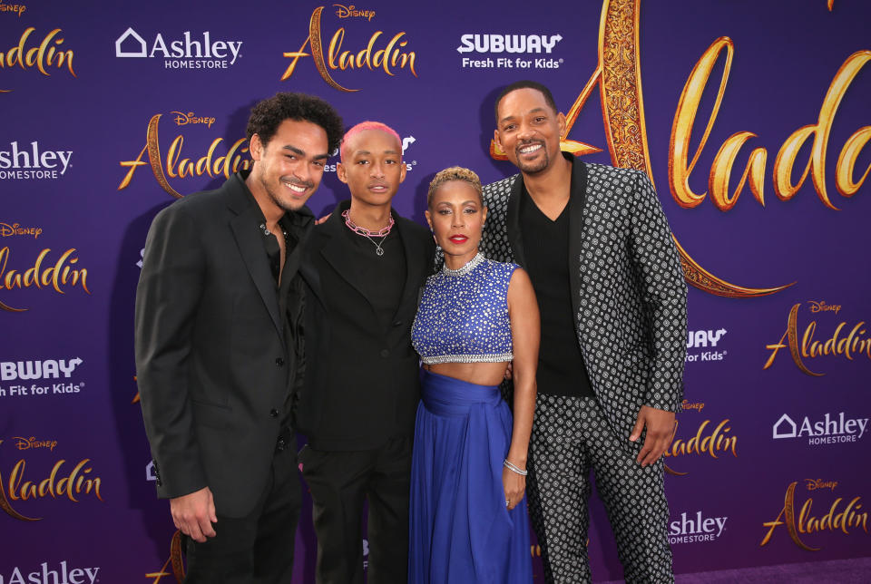 Trey Smith (far left), Jaden Smith (left) Will Smith and Jada Pinkett Smith (far right) at the 'Aladdin' premiere at El Capitan Theatre in Hollywood. [Photo: Getty]