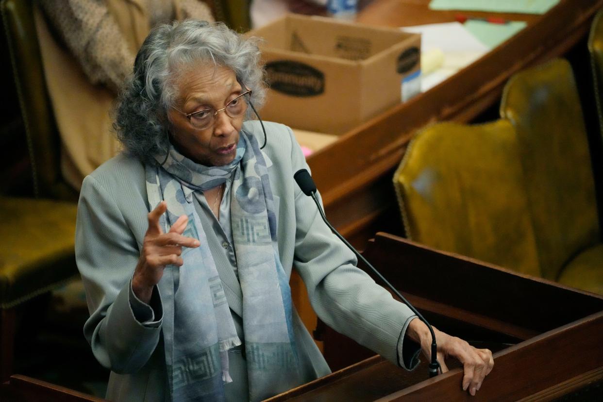 Rep. Alyce Clarke, D-Jackson speaks against passage of the controversial Jackson Capitol Complex Improvement District bill in the House Chamber, Friday, March 31, 2023, at the Capitol in Jackson, Miss. (AP Photo/Rogelio V. Solis)