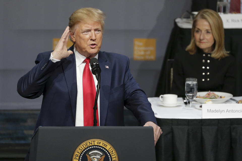 President Donald Trump addresses the Economic Club of New York Tuesday, Nov. 12, 2019, in New York. (AP Photo/Seth Wenig)