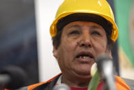 Victoriano Almendares, a construction worker from Rockville, Md., originally from Honduras, speaks at a vigil and press conference by CASA of Maryland, a community advocacy group, to remember the six workers killed in the collapse of the Francis Scott Key Bridge and to highlight the difficult conditions faced by immigrant construction workers on Friday, March 29, 2024, in Baltimore, Md. (AP Photo/Mark Schiefelbein)