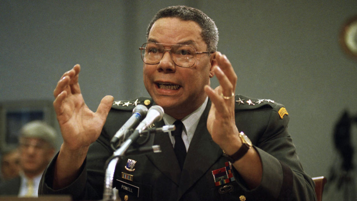 Gen. Colin Powell, chairman of the Joint Chiefs of Staff, gestures on Capitol Hill in Washington while testifying before a House Armed Services subcommittee, Sept. 25, 1991. (AP Photo/Marcy Nighswander)