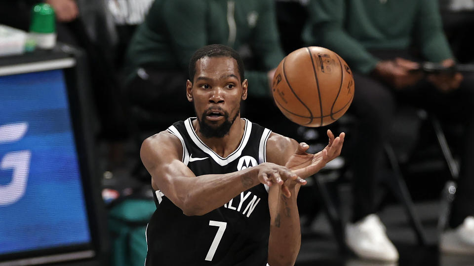 Brooklyn Nets forward Kevin Durant (7) has his team up 2-0 against the Bucks. (AP Photo/Adam Hunger)