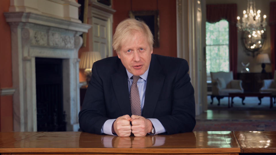 Screen grab of Prime Minister Boris Johnson addressing the nation about coronavirus (COVID-19) from 10 Downing Street in London.